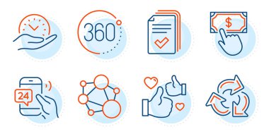 Ödeme tıkırtısı, 360 derece ve el ilanları. Geri dönüşüm, Dürüstlük ve Güvenli zaman çizelgesi simgeleri ayarlandı. 24 saat hizmet sembolü gibi. Atık geri dönüşümü, sosyal ağ. Teknoloji hazır. Taslak simgeleri ayarlandı. Vektör