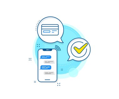 Banka ödeme yöntemi işareti. Telefon mesajları kompleks simgesi. Kredi kartı simgesi. Çevrimiçi alışveriş sembolü. Haberci sohbet ekranı afişi. Kredi kartı tabelası. Vektör