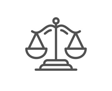 Adalet pulları çizgi ikonu. Yargı ölçeği işareti. Hukuk hukuku sembolü. Kalite tasarım elemanı. Düzenlenebilir felç. Doğrusal adalet ölçeklendirme simgesi. Vektör