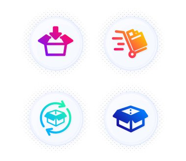 Kutuyu, Dönüş paketini ve itme arabası simgelerini al. Yarım tonlu noktalı düğme. Açık kutu işareti. Paket gönder, mal değişimi, ekspres teslimat. Teslimat paketi. Ulaşım ayarlandı. Vektör