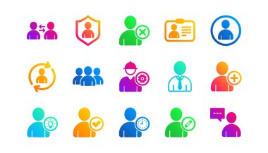 Profil, Grup ve Destek. Kullanıcı simgeleri. İnsanlar klasik ikon seti. Gradyan desenler. Kalite işaretleri ayarlandı. Vektör