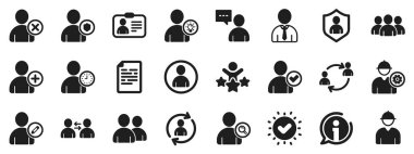 Profil, bir grup insan ve destek işareti. Kullanıcı simgeleri. Kimlik kartı, takım çalışanları ve iş adamı kullanıcı sembolleri. İnsan sohbeti, mühendis profili ve insan yönetimi. İş desteği. Vektör