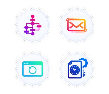 Blok diyagramı, kurye postası ve Kurtarma internet simgeleri basit seti. Yarım tonlu noktalı düğme. Proje bitiş işareti. Algoritma yolu, yeni e-posta, yedekleme bilgileri. Zaman yönetimi. Eğitim ayarlandı. Vektör