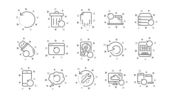 还原数据和恢复文件 恢复线图标 笔记本电脑更新 驱动修复和电话恢复图标 线性集 几何元素 设置质量标志 — 图库矢量图片