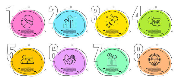 Analysis graph, Pie chart and Online education signs. Timeline steps infographic. Ab testing, Safe time and Quick tips line icons set. Chemical formula, Face detect symbols. Vector