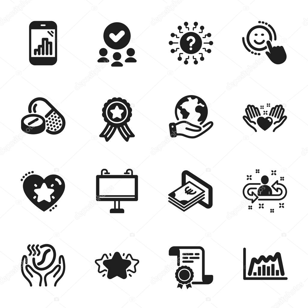 Set of Business icons, such as Star, Question mark. Certificate, approved group, save planet. Ranking star, Smile, Coffee. Medical drugs, Graph phone, Recruitment. Vector