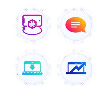 İnternet indirme, Artırılmış Gerçeklik ve Sohbet simgeleri basit set. Yarım tonlu noktalı düğme. Satış çizelgesi. Veri yükle, telefon simülasyonu, konuşma balonu. İndirimli büyüme çizelgesi. Teknoloji hazır. Vektör