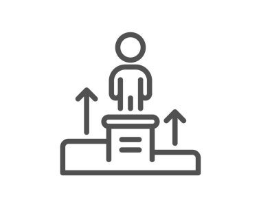 İş podyumu çizgisi ikonu. Eleman adaylığı tabelası. Kişi ödülü sembolü. Kalite tasarım elemanı. Düzenlenebilir felç. Doğrusal stil iş podyumu ikonu. Vektör