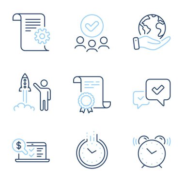 Onayla, başlatma projesi ve teknik belge satırı simgeleri ayarlandı. Diploma sertifikası, gezegeni kurtarmak, bir grup insan. Zaman, Çevrimiçi muhasebe ve alarmlı saat işaretleri. Vektör