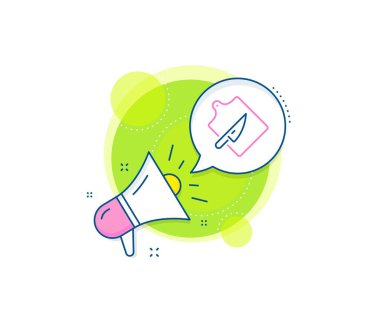 Çatal bıçak seti. Megafon tanıtım kompleksi ikonu. Tahta çizgisi simgesi kesiliyor. Pişirme bıçağı sembolü. İş pazarlama afişi. Tahta kesme işareti. Vektör