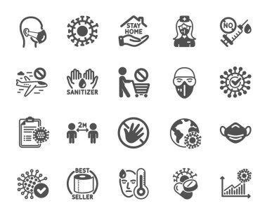 Coronavirus icons. Medical mask, washing hands hygiene, protective glasses. Stay home, hands sanitizer, coronavirus epidemic mask icons. Covid-19 virus pandemic, no vaccine, toilet paper. Vector clipart