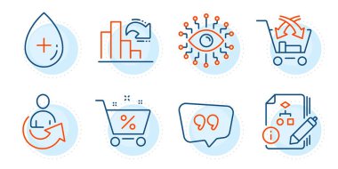Kredi, azalan grafik ve Cross tabelaları satıyor. Alıntı balonu, Paylaşım ve Yapay Zeka çizgi simgeleri ayarlandı. Algoritma, yağ serumu sembolleri. Sohbet yorumu, sevk eden kişi. Vektör