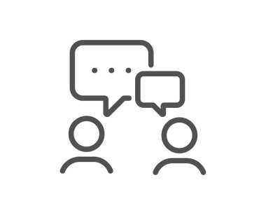 Sohbet eden insanlar. İş semineri tabelası. İş görüşmesi sembolü. Kalite tasarım elemanı. Düzenlenebilir felç. Doğrusal insanların sohbet ikonu. Vektör