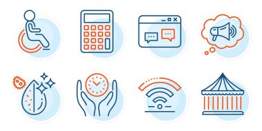 Engelli, Kirli Su ve Güvenli Zaman işaretleri. Tarayıcı penceresi, hesap makinesi ve Wifi satır simgeleri ayarlandı. Megafon, Atlıkarınca sembolleri. Web sitesi sohbeti, muhasebe cihazı. Teknoloji hazır. Taslak simgeleri ayarlandı. Vektör