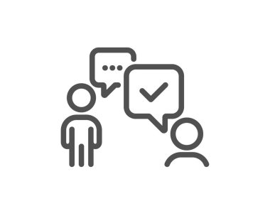 İşletme danışmanı ikonu. Tartışma ya da konsültasyon işareti. Halkla iletişim yönetim sembolü. Kalite tasarım elemanı. Düzenlenebilir felç. Doğrusal stil danışmanlık iş simgesi. Vektör