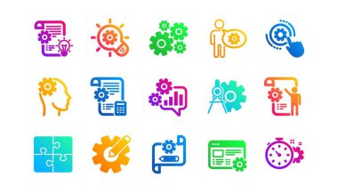 Bulmaca, Bölme aracı ve Mimarlık planı. Mühendislik simgeleri. Mühendis klasik simge seti. Gradyan desenler. Kalite işaretleri ayarlandı. Vektör