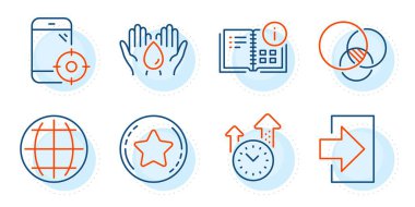 Sadakat yıldızı, talimat bilgileri ve güvenli su işaretleri. Seo telefonu, giriş ve Euler diyagram çizelgesi simgeleri ayarlandı. Zaman yönetimi, Globe sembolleri. Akıllı telefon optimizasyonu, imzala. Teknoloji hazır. Vektör