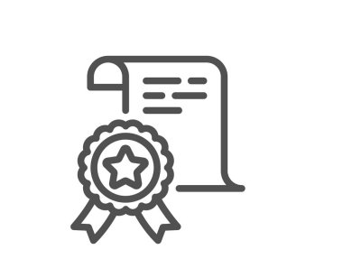 Sertifika satırı simgesi. Onaylanmış belge işareti. Madalya ya da pul sembolü. Kalite tasarım elemanı. Düzenlenebilir felç. Doğrusal biçim sertifika simgesi. Vektör