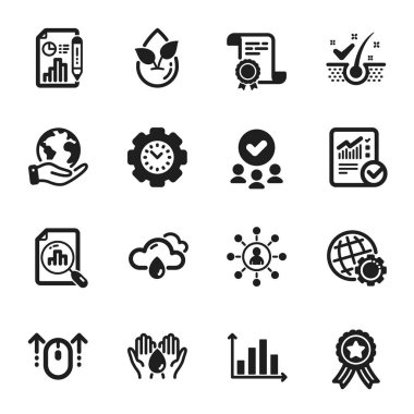 Denetlenmiş hesaplama, Rapor belgesi gibi bir dizi bilim simgesi. Sertifika, onaylı grup, gezegeni kurtarma. Globe, Diyagram grafiği, zaman yönetimi. Vektör