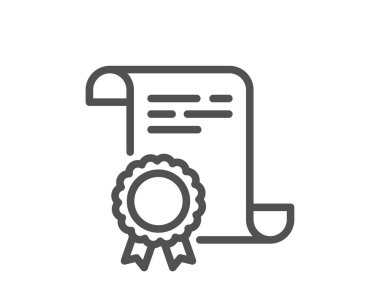 Sertifika satırı simgesi. Onaylanmış belge işareti. Madalya ya da pul sembolü. Kalite tasarım elemanı. Düzenlenebilir felç. Doğrusal biçim sertifika simgesi. Vektör