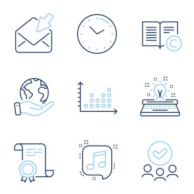 Müzik notası, daktilo ve açık posta satırı simgeleri. Diploma sertifikası, gezegeni kurtarmak, bir grup insan. Telif hakkı, Dot grafiği ve zaman işaretleri. Konuşma balonu, ilham, e-posta görüntüsü. Vektör