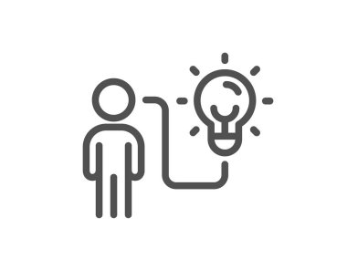 İş fikri ikonu. Ampul işaretli kişi. İşlem süreci sembolü. Kalite tasarım elemanı. Düzenlenebilir felç. Doğrusal tarz iş fikri ikonu. Vektör
