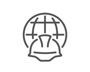 Küresel mühendislik çizgisi simgesi. Mühendis ya da mimar miğferi. Dünya inşaat sembolü. Kalite tasarım elemanı. Düzenlenebilir felç. Doğrusal stil küresel mühendislik simgesi. Vektör