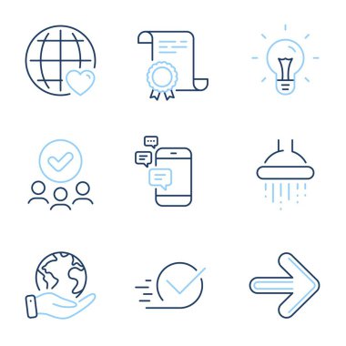 Fikir, Uluslararası Aşk ve İletişim Hattı simgeleri ayarlandı. Diploma sertifikası, gezegeni kurtarmak, bir grup insan. Duş, İleri ve Checkbox işaretleri. Ampul, internet buluşması, akıllı telefon mesajları. Vektör