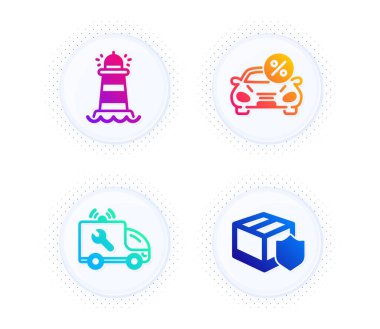 Araba servisi, deniz feneri ve araba kiralama ikonları basit set. Yarım tonlu noktalı düğme. Teslimat sigortası tabelası. Tamir servisi, Searchlight kulesi, ulaşım indirimi. Paket koruması. Vektör