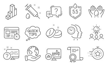 Soru işareti, zamanlayıcı gibi bir takım bilim simgeleri. Diploma, fikirler, gezegeni kurtarmak. Zaman yönetimi, şamdan şeması, tıbbi şırınga. Çevrimiçi sınav, Ph nötr, 3D grafik. Vektör