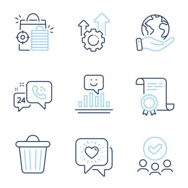 Arkadaş sohbeti, Seo alışverişi ve Çöp kutusu çizgisi simgeleri. Diploma sertifikası, gezegeni kurtarmak, bir grup insan. Seo giysileri, gülümseme ve 24 saat servis tabelaları. Arkadaşlık, Analitik, Çöp. Çarklı. Vektör