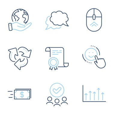 Sohbet mesajı, kaydırma ve geri dönüşüm çizgisi simgeleri ayarlandı. Diploma sertifikası, gezegeni kurtarmak, bir grup insan. Büyüme tablosu, para transferi ve gülümseme tabelaları. Vektör