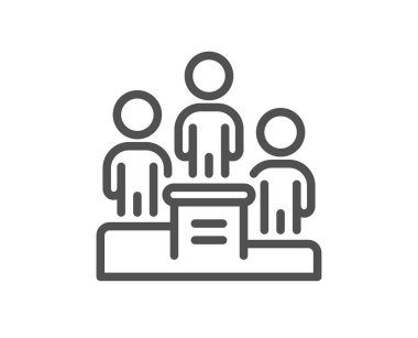 İş podyumu çizgisi ikonu. Eleman adaylığı tabelası. Takım çalışması ödül sembolü. Kalite tasarım elemanı. Düzenlenebilir felç. Doğrusal stil iş podyumu ikonu. Vektör