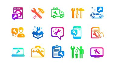 Çekiç, tornavida ve somun anahtarı. İkonları onar. Çamaşır makinesi klasik ikon seti. Gradyan desenler. Kalite işaretleri ayarlandı. Vektör