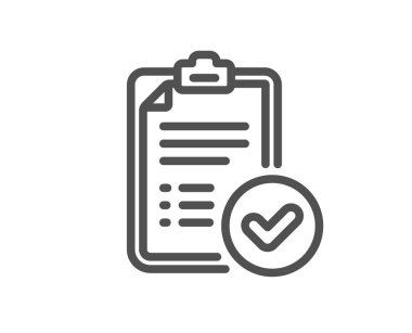 Onaylanmış rapor satırı simgesi. Kabul edilmiş belge işareti. Doğrulama sembolü. Kalite tasarım elemanı. Düzenlenebilir felç. Doğrusal biçim onaylı rapor simgesi. Vektör