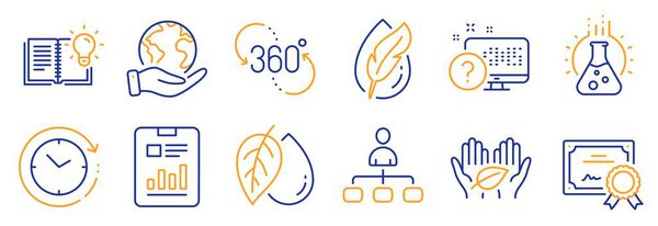 Set of Science icons, such as Mineral oil, 360 degree. Certificate, save planet. Product knowledge, Hypoallergenic tested, Management. Chemistry lab, Report document, Time change. Vector
