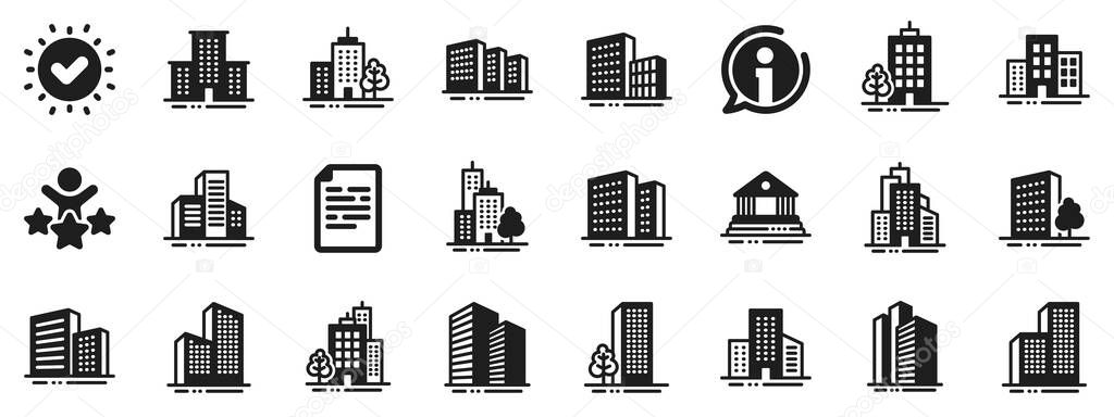 Bank, Hotel, Courthouse. Buildings icons. City, Real estate, Architecture buildings icons. Hospital, town house, museum. Urban architecture, city skyscraper, downtown. Approved check, document. Vector