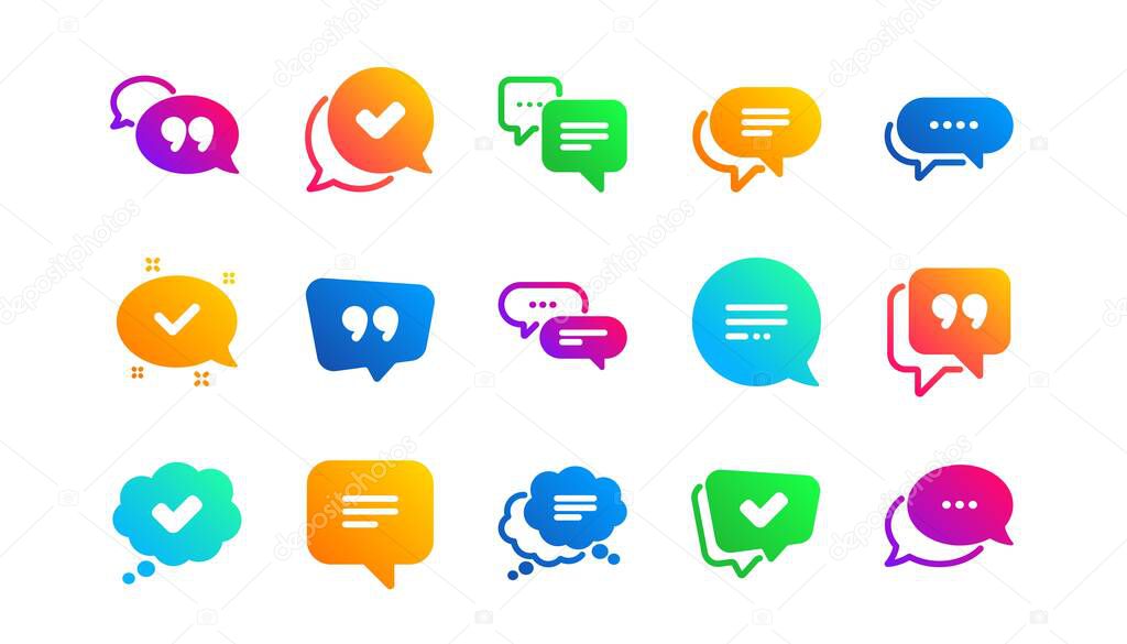 Approved, Checkmark box and Social media message. Chat and quote icons. Chat speech bubble, Tick or check mark, Comment quote icons. Think speech bubble. Classic set. Gradient patterns. Vector