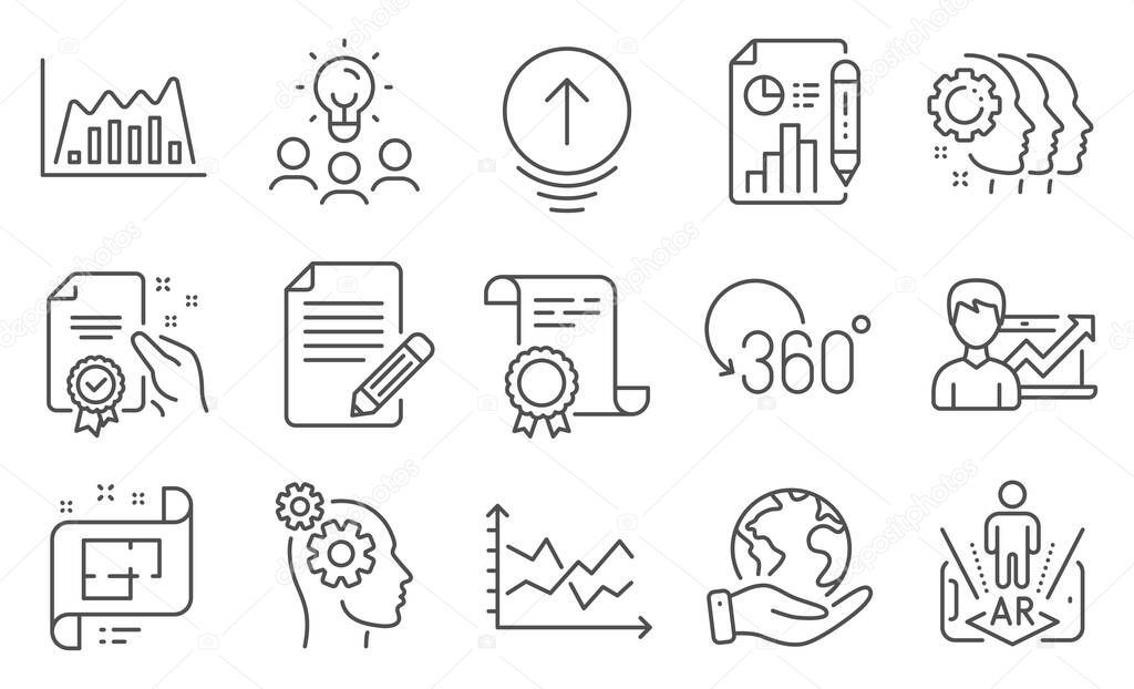 Set of Science icons, such as Thoughts, Employees teamwork. Diploma, ideas, save planet. Report document, Certificate, Architectural plan. Swipe up, Success business, Augmented reality. Vector