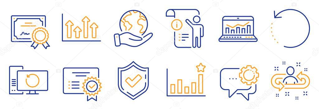Set of Education icons, such as Confirmed, Manual doc. Certificate, save planet. Recovery computer, Recovery data, Efficacy. Recruitment, Employees messenger, Certificate. Vector
