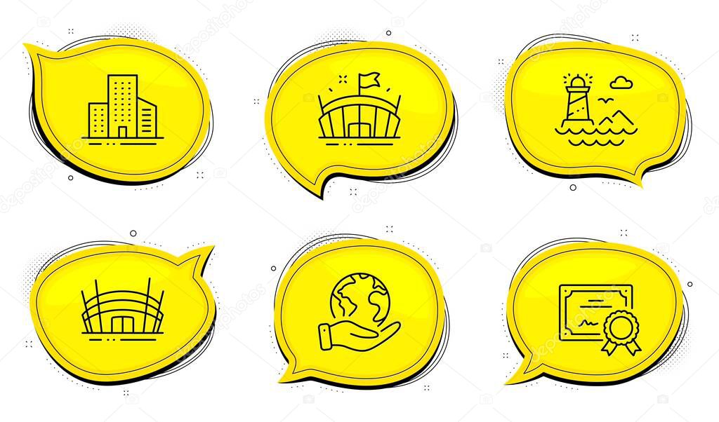 Arena stadium sign. Diploma certificate, save planet chat bubbles. Arena, Lighthouse and Buildings line icons set. Sport stadium, Navigation beacon, City architecture. Competition building. Vector
