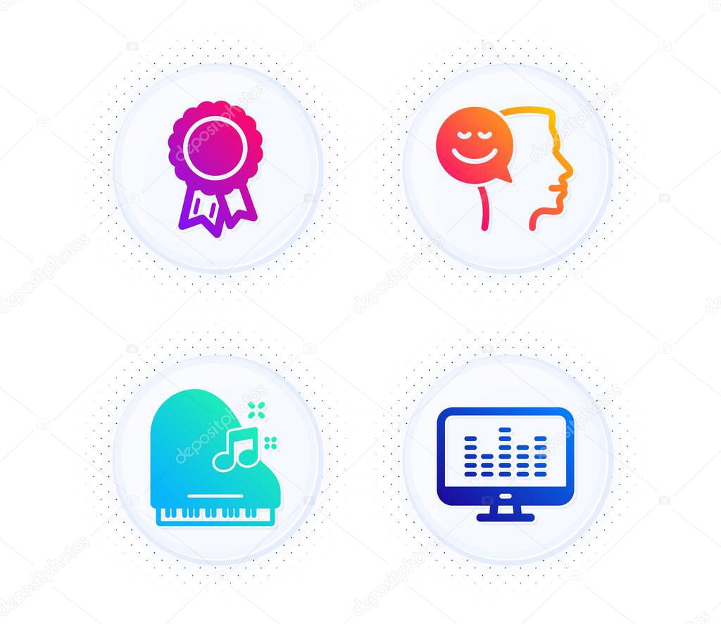 Good mood, Success and Piano icons simple set. Button with halftone dots. Music making sign. Positive thinking, Award reward, Fortepiano. Dj app. Education set. Gradient flat good mood icon. Vector