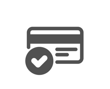 Onaylanmış kredi kartı ikonu. Kabul edilmiş ödeme metotları imzası. Doğrulama sembolü. Klasik düz stil. Kalite tasarım elemanı. Basit ödeme yöntemleri simgesi. Vektör