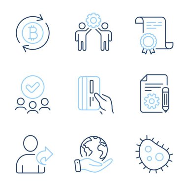 Arkadaş, Ödeme Kartı ve Refresh bitcoin satır simgeleri ayarlandı. Diploma sertifikası, gezegeni kurtarmak, bir grup insan. Belgeler, çalışanlar takım çalışması ve bakteri işaretleri. Vektör