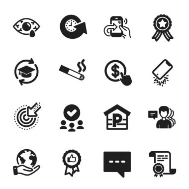 Smartphone, People gibi iş simgeleri. Sertifika, onaylı grup, gezegeni kurtarma. Hedefleme, konjonktivit göz, paylaşım çağrısı. Pozitif geribildirim, güncelleme süresi, sigara içme. Vektör