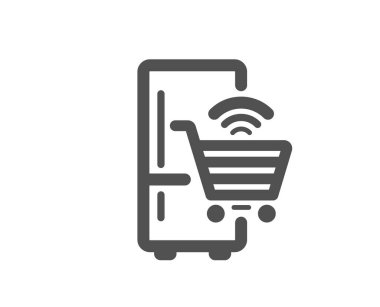 Çevrimiçi alışveriş ikonu olan buzdolabı. Buzdolabı tabelası. Dondurucu depolama sembolü. Klasik düz stil. Kalite tasarım elemanı. Basit buzdolabı ikonu. Vektör