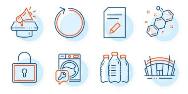 Megafon, stadyum ve çamaşır makinesi tabelaları. Kilitle, belgeyi düzenle ve su şişeleri satırı simgeleri ayarlandı. Döngü, kimyasal formül sembolleri. Özel dolap, kalemli sayfa. İş seti. Vektör