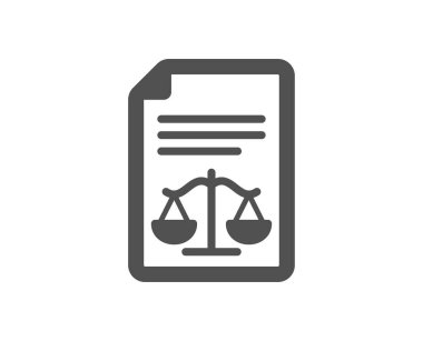 Yasal belge ikonu. Adalet terazisi imzası. Hüküm doktoru sembolü. Klasik düz stil. Kalite tasarım elemanı. Basit bir yasal belge ikonu. Vektör