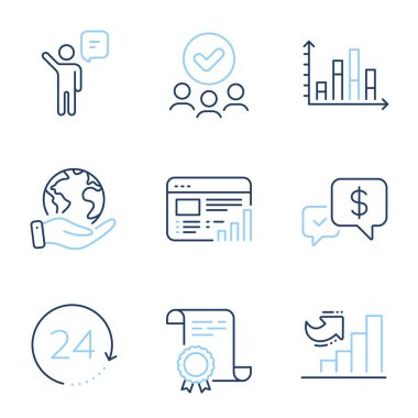 Büyüme grafiği, diyagram grafiği ve web rapor satırı simgeleri ayarlandı. Diploma sertifikası, gezegeni kurtarmak, bir grup insan. Ajan, 24 saat içinde ödeme yapıldı. Vektör