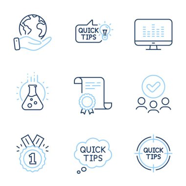 Kimya laboratuvarı, hızlı ipuçları ve onaylanmış satır simgeleri. Diploma sertifikası, gezegeni kurtarmak, bir grup insan. Bahşişler, müzik yapımı ve eğitim fikri işaretleri. Laboratuvar, yararlı numaralar, kazanan rozeti. Vektör